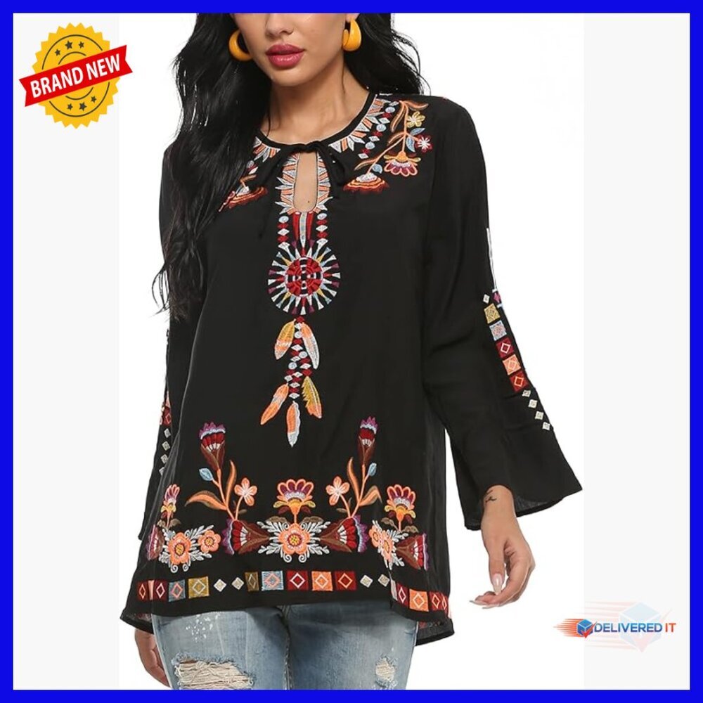 Long Sleeve Embroidered Tunic Blouse Loose Fit Rayon Peasant Top